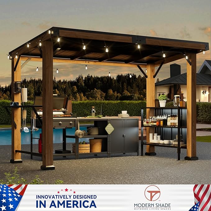 Modern Shade Woodberry Grill Gazebo 6' X 12', Cedar Wood Gazebo with Dual bar Tops & Shelves, Patio Pavilion with Galvanized Steel Roof, USB and USB-C connectors for Patio, Garden