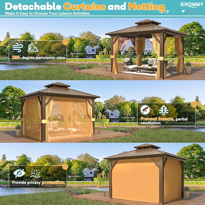 EROMMY 10' x 10' Hardtop Gazebo, Aluminum Frame Gazebos with Galvanized Steel Double Roof, Permanent Outdoor Metal Pavilion with Curtain and Netting for Patio, Lawn, Deck
