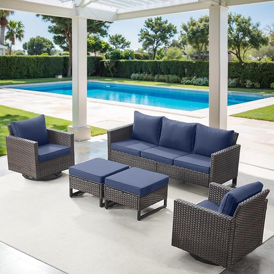 5 Piece Wicker Patio Furniture Set - Outdoor Swivel Rocker Chairs Set with 3 Seat Sofa and Ottomans, Small Patio Conversation Sets Proch Furniture for Balcony Deck - Brown/Blue