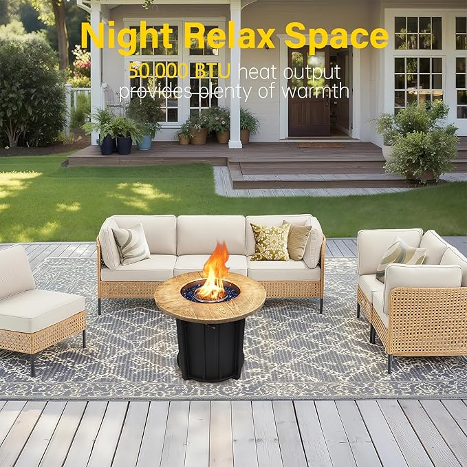 30 Inch Round Propane Fire Pit Table,50000 BTU Outdoor Fire Pit with Automatic Ignition & Lid Cover,Portable Iron Steel Firepit for Patio,Deck,Backyard Garden w Glass Stones & Rain Cover
