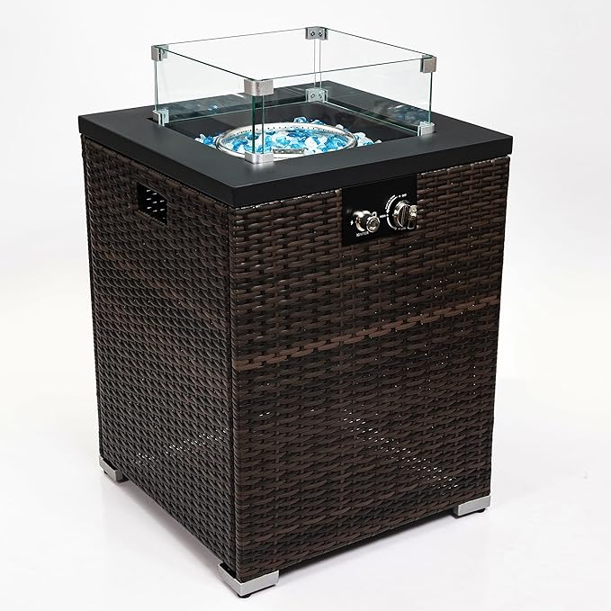 Propane Fire Pit Table, 22 Inch Wicker Firepits for Outside, Square Gas Fire Pit for Outside Patio, Propane Fire Table for Patio, Backyard, Pool, 40,000 BTU, Tank Inside, Dark Brown