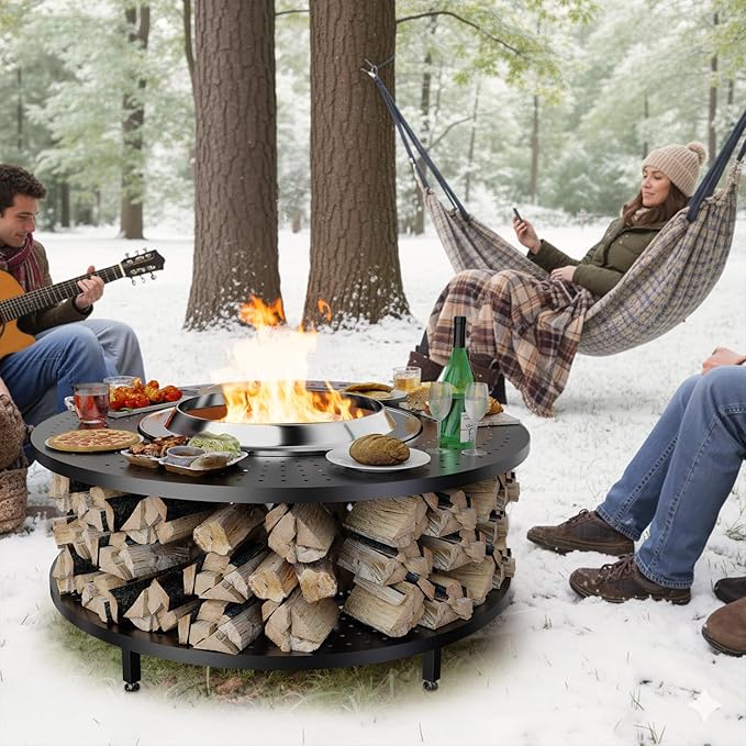 Fire Pit Surround Tabletop for Solo Stove Yukon 1.0 & 2.0, 48" Fire Pit Surround Tabletop with Wood Storage Shelf,Powder-Coated Steel Surround Tabletop with Extra Space