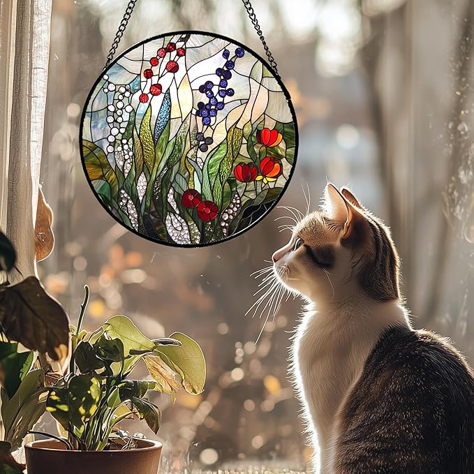 QZQCBLC Stained Glass Window Hanging Red Purple Flowers Berry Green Plants 9.8" - Suncatcher Door Garden Sun Catcher Home Decor Birthday Christmas for Mom Men Woman Friend