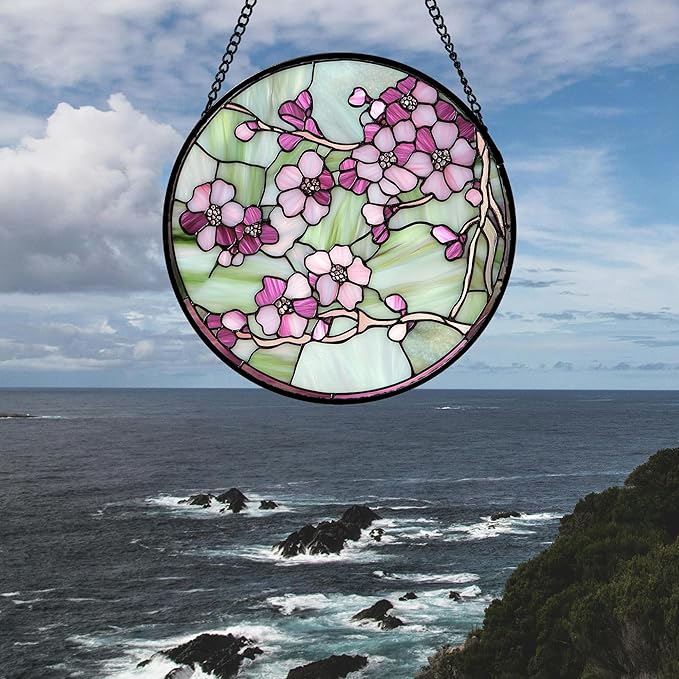 AMDERVEN Stained Glass Window Hanging 4 Pcs Set Tulips Plum Flower Daffodils Hyacinths 6.3" - Suncatcher Door Garden Sun Catcher Decor Birthday Mother's Day for Mom Woman Nana