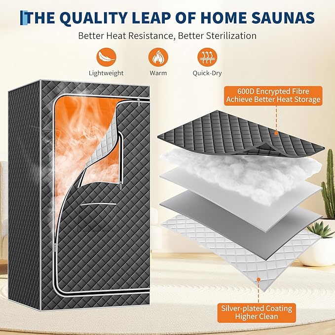 Portable Sauna Box for Home, Personal SPA Steam Sauna with 10 Min Fast Heating，Warm Sauna Tent with 3L/1200W Steamer, 9 Levels, Steam Sauna Tent with 600D, Easy Setup Foldable Sauna for Home Spa（Grey）