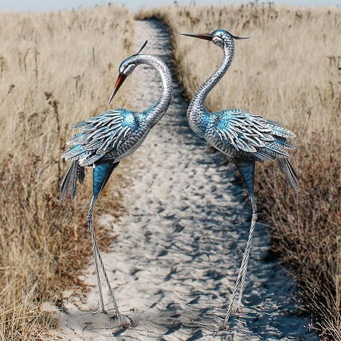 Oritty Outdoor Crane Garden Statues, Blue Heron Garden Statues, Large Metal Cranes for Yard, Lawn, Patio, Pond