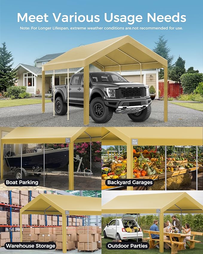 Heavy Duty Carport Replacement Canopy Cover, Durable Waterproof Garage Shelter Top, Car Tent for Outdoor Use, with Ball Bungees for Secure (Beige 12x20FT Cover ONLY)