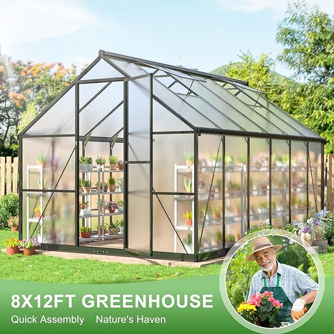 Polar Aurora 8x12 FT Greenhouse for Outside, Quick Aluminum Assembly Structure Polycarbonate Green House, Walk-in Greenhouses with 2 Ventilated Windows, Green Houses for Outdoors Backyard Garden