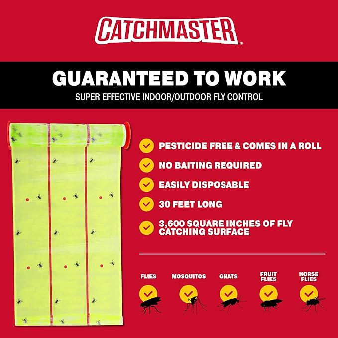Catchmaster Giant Fly Glue Trap 1-Pack 30 Feet Each, Adhesive Fly Traps Outdoor, Sticky Bug Catcher, Bulk Flying Insect Paper Roll, Pest Control for Garage, Barn, Greenhouse & Garbage Room