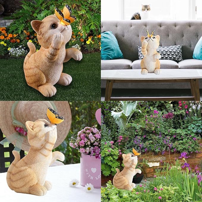halp·ssfm Solar Garden Statue Cute Cat Figurine Fun Color Changing LED Butterfly Light Outdoor Decor Waterproof Resin Sculpture Patio Lawn Art Housewarming Gifts for Cat Lovers Women