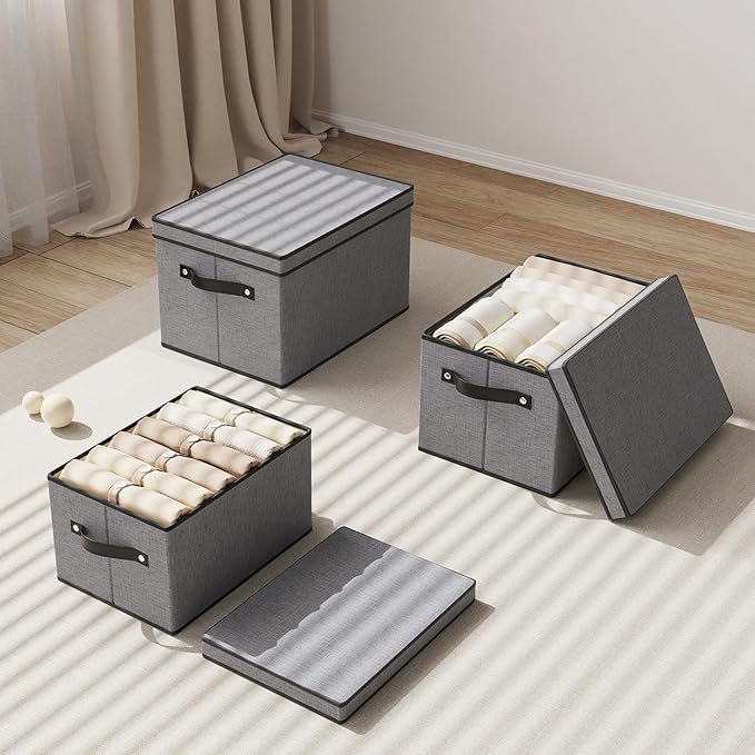 Foldable Storage Bins with Lids, 15 x 9.8 x 8.3 Inch Storage Boxes with Handles, Fabric Closet Organizers for Wardrobe, Gray, 3-Pack