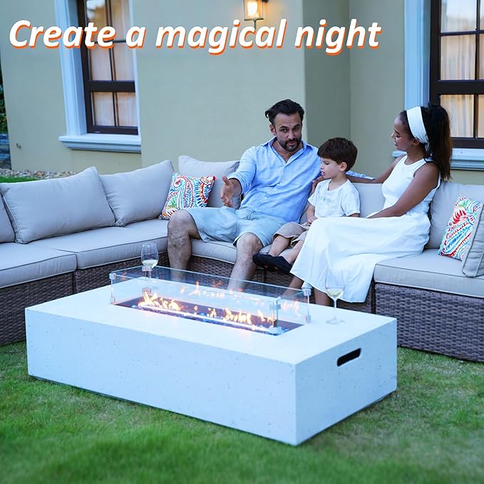 Outdoor Propane Fire Pit Table - 56" White Rectangle Terrazzo Finish Fire Table, Certified, 50000 BTU Stainless Steel Burner with Transparent Blue Fire Glass and Raincover