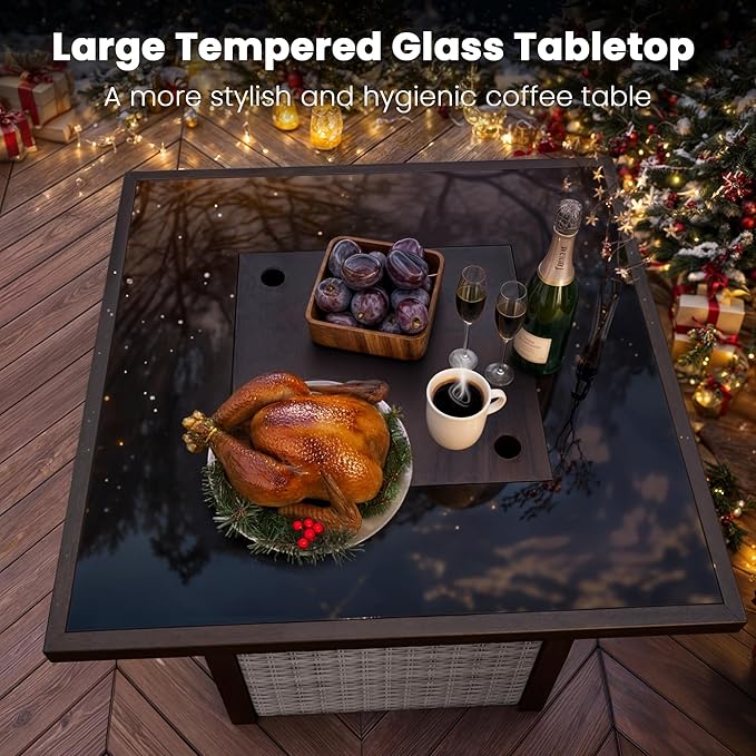 Propane Fire Pit Table, Outdoor Fire Pit Table, 28" Rattan Square Outdoor Gas FirePit with Glass Wind Guard, Tempered Glass Tabletop, Lid, CSA Listed, 50,000 BTU, Outside Patio & Garden, Gray-White