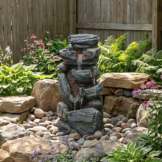 Bumilgar Water Features Outdoor Patio 6-Tier Cascading Rock Water Fountain 31.5''Water Fall Fountain Outside Resin Fountain with Light Mossy Rock Floor Garden Fountain Indoor for Relaxation Home Decor