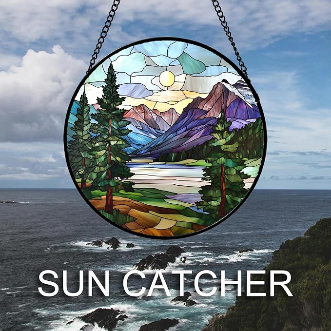 HKDGOKA Stained Glass Window Hanging Sunset View of Green Trees Mountain 9.8" - Suncatcher Door Garden Sun Catcher Home Decor Birthday Christmas for Woman Nana Friend Men Mom