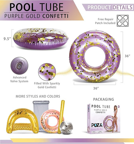 POZA Inflatable Pool Float Tube – Sparkly Confetti Swim Ring, Heavy Duty UV Resistant Inflatable Tube Pool Float for Kids & Adults – Multiple Colors & Sizes – Beach, Lake & Pool Party Float