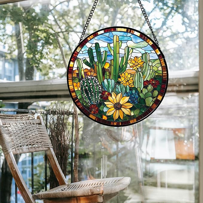 QZQCBLC Stained Glass Window Hanging Green Cactus with Yellow Flowers 6.3" - Suncatcher Door Garden Sun Catcher Home Decor Birthday Christmas for Mom Men Woman Friend Nana