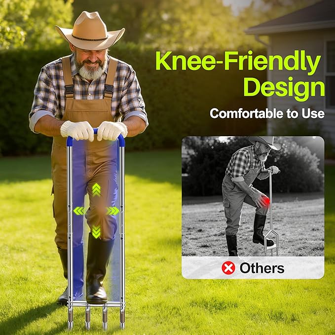 Knee-Friendly Manual Lawn Aerator Tool – SUS304 Stainless Steel Core Aerator for Grass, Yard Aeration Tool with 4 Hollow Tines for Lawn Care and Compacted Soil,43.3"-48.5",Silver