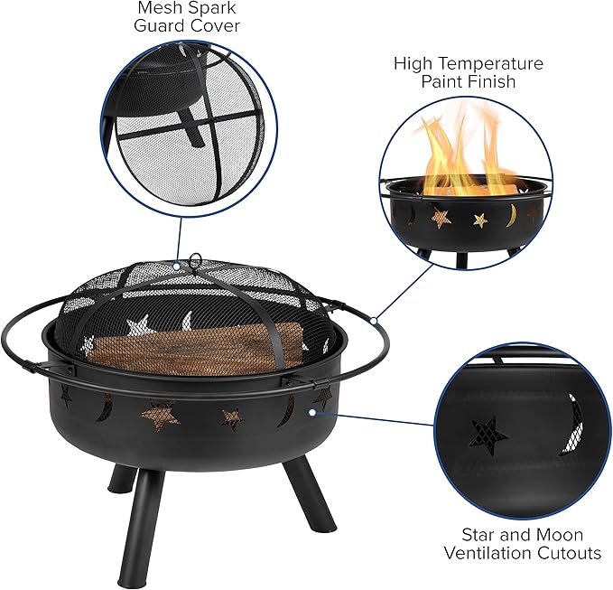 EMMA + OLIVER Campfire Set - Two Gray Poly Resin Adirondack Chairs - 29" Star and Moon Fire Pit with Mesh Cover - Weather Resistant - Wood Burning Fire Pit