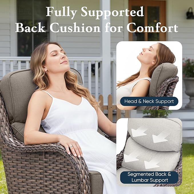 Belord Luxury 6" Thick Cushioned Outdoor Swivel Rocker Chairs Set of 4 with Fire Pit Table, High Back Wicker Patio Furniture Set with Ergonomic Zone Back, Conversation Set for Deck Porch - Brown+Grey