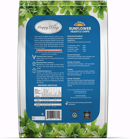 Happy Wings Sunflower Hearts & Chips Bird Food 15 lbs No Mess, No Waste Seed No Grow Formula Ideal for Wild Birds, Finches, Sparrows, and Year-Round Feeding.