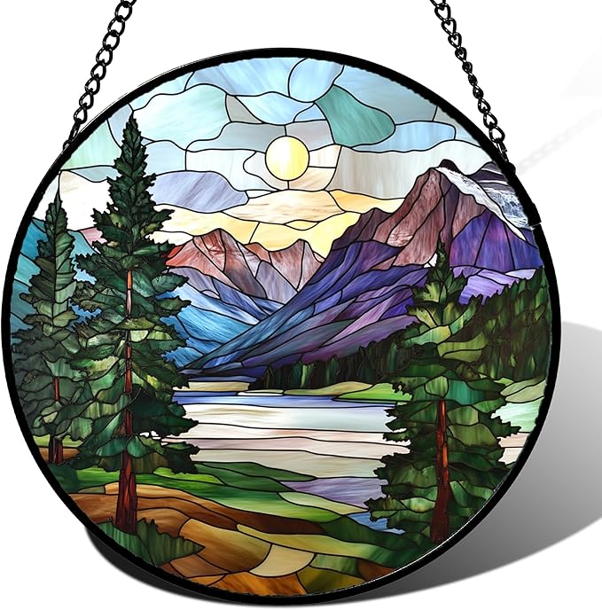 HKDGOKA Stained Glass Window Hanging Sunset View of Green Trees Mountain 9.8" - Suncatcher Door Garden Sun Catcher Home Decor Birthday Christmas for Woman Nana Friend Men Mom