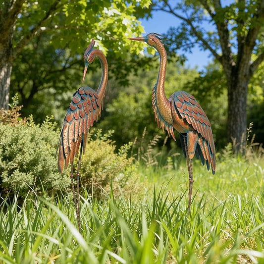 Ultym 44.8" Tall Extra Large Metal Crane Decor, Handcrafted Distressed Bronze Heron Sculpture with 4-Piece Secure Ground Stakes, Vintage Charm Outdoor Garden Statue Yard Art for Patio & Backyard Decor