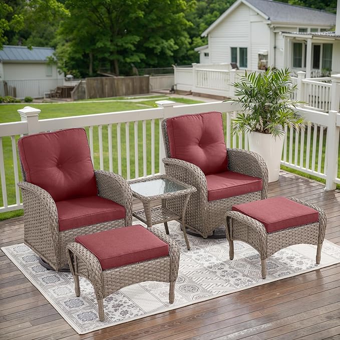 Belord 5 Pieces Wicker Patio Furniture Set - Swivel Rocker Outdoor Chairs with Ottomans and Side Table, Small Patio Conversation Set for Porch Deck Backyard Red