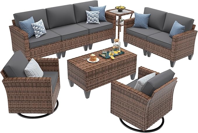 UDPATIO Patio Furniture Set, 6 Pieces Outdoor Conversation Sets with Rocking Swivel Chairs, Wicker Rattan Outdoor Sofa Set with Storage Table and Waterproof Covers for Backyard, Deck, Porch, Grey