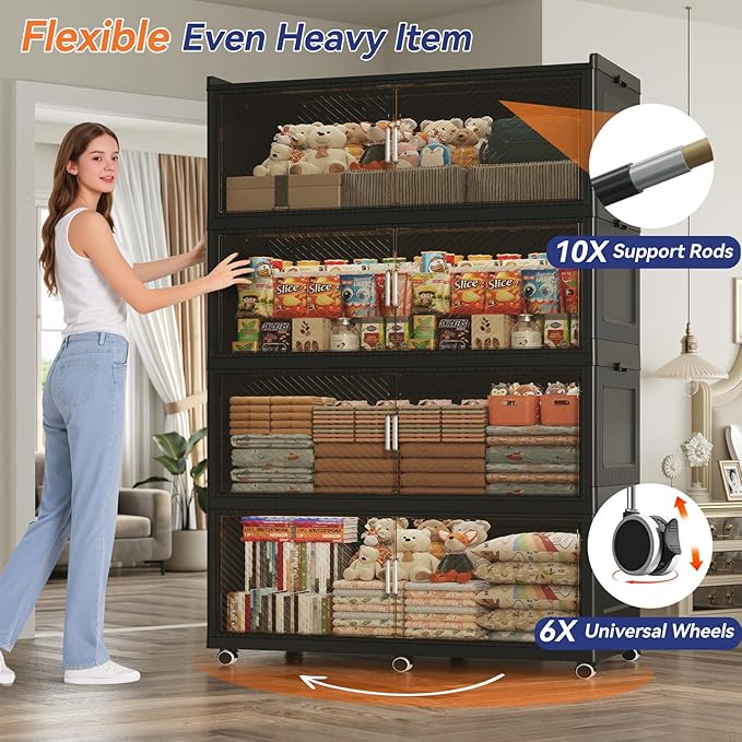 1280QT Extra Large Storage Bins with Lid and Wheels, 320Gal Stackable Closet Organizers and Storage Cabinet, Collapsible Storage Box Drawer with Doors for Home Kitchen Office Dorm, 4Pack Black