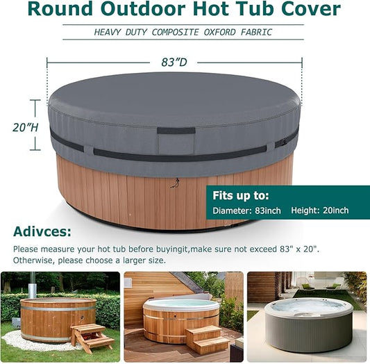 AKEfit Round Hot Tub Cover, 600D Polyester Waterproof for Hot Tub, UV Protection & Windproof, 83''x 20'', Grey