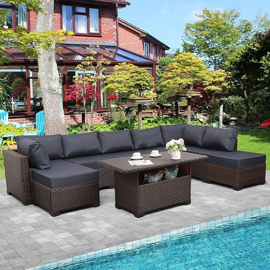 9 Pieces Wicker Patio Furniture Set Outdoor PE Rattan Sectional Conversation Sofa Set with Navy Blue Cushions and Storage Table