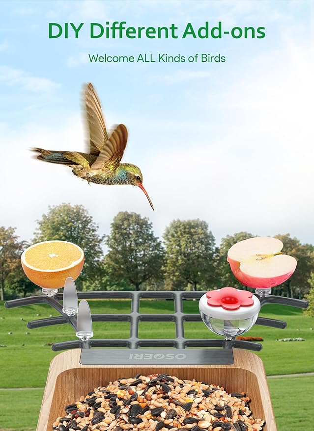 Osoeri Bird Feeder with Camera, Smart AI Identify Wild Bird Feeder Camera Solar Powered, Auto Capture Videos & Motion Detection, DIY Add-ons & Hummingbird Feeder, Ideal Gift for Bird Lover