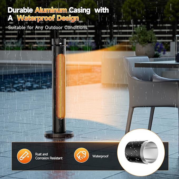 Portable Heater Outdoor Infrared 1500W 8 Heat Levels 8H Timers Carbon Fiber Tube Tip-Over&Overheat Protection IP45 Waterproof Electric Garden Heater, Deep Black