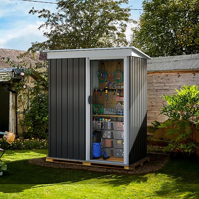 Aoxun 5x3FT Outdoor Shed Metal Storage Shed with Single Slooping Roof Lockable Door Steel Utility Tool Shed Outdoor Storage Garden Shed for Backyard Garden Patio Lawn, Black