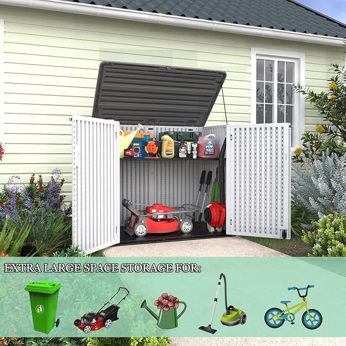 ADDOK 2SG Larger Horizontal Storage Shed Wood-Like, 4.4 x 2.8 ft Outdoor Storage Cabinet Lockable, Thick Resin Storage Unit for Trash Cans, Yard Tools（38 Cu.ft