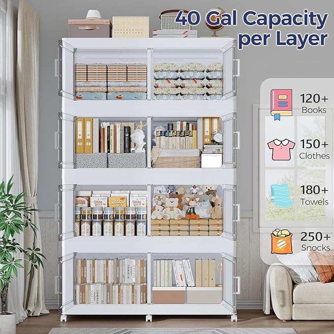120GAL Storage Bins with Lid and Wheels, Stackable Closet Organizers and Storage Drawer, Collapsible Storages Box with Dividers, Foldable Plastic Cabinet for Room, Kitchen, 3 Pack White