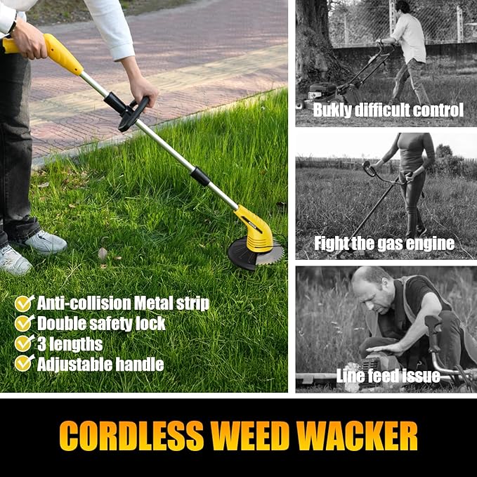 Aokia Electric Weed Wacker Cordless, 12V Battery Powered Weed Eater Cordless with Adjustable Pole (65inch), Lightweight Grass Trimmer Cutter/Edger/Mower with 2 Types Blade for Garden, Yard Lawn Work