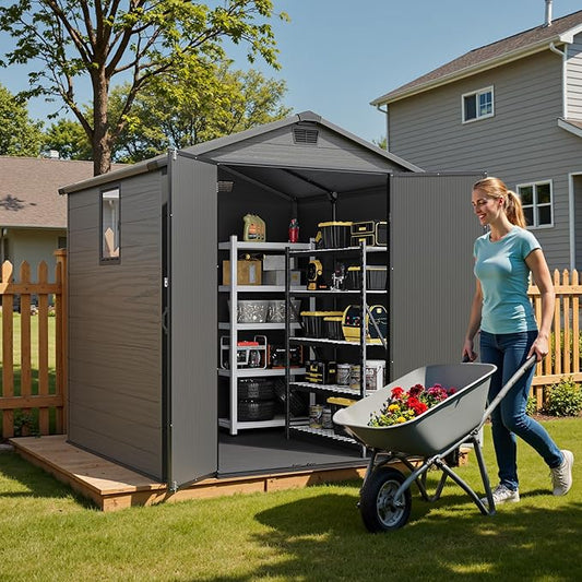 Greesum 6x6FT Plastic Outdoor Storage Shed with Floor, Resin Storaged Sheds with Lockable Double Door, Window and Vents, All-Weather Tool Sheds for Garden, Backyard, Patio, Dark Gray