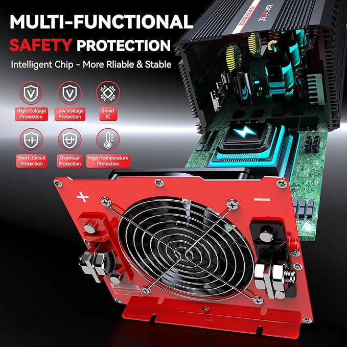 6000W Power Inverter 12V DC to 120V AC Converter for Truck, Home, RV, Peak 12000W Off-Grid Solar Power Inverter with 4 AC Outlets, USB Port,Type-C Port, Remote Controller with LCD Screen