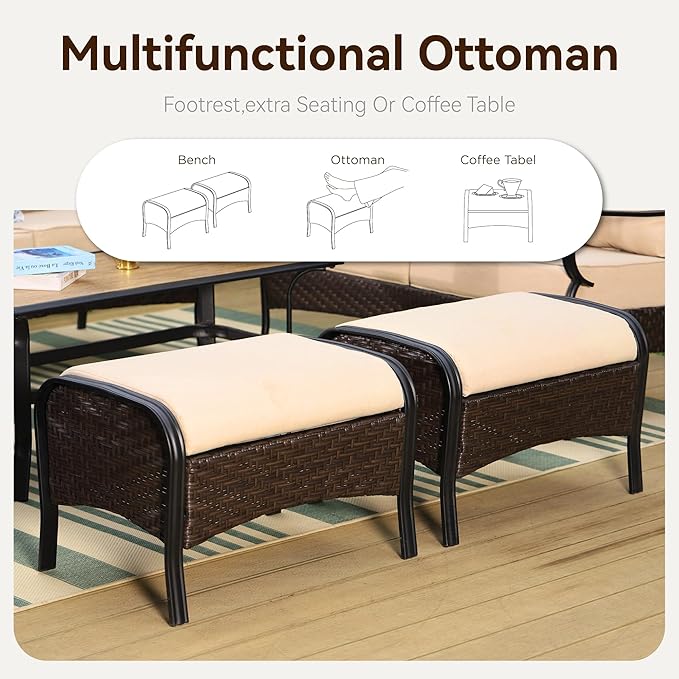 GREEN PARTY Extra Large Outdoor Patio Furniture Set 6 Pieces for 7, Modern Metal Patio Conversation Sets with High Back 3-Seat Sofa, 2 Motion Chairs, 2 Ottoman, 1 Coffee Table
