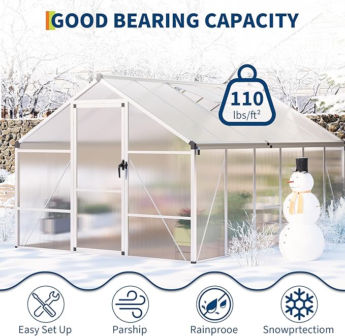 8x12 ft Greenhouse for Outdoors, Polycarbonate Greenhouse with Roof Vent, Ground Nails, Lockable Push Door, Aluminum Large Walk-in Green House for Outside Garden Backyard, Patio, Lawn, Silver