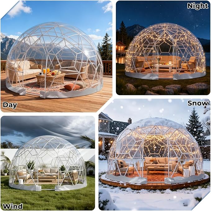 Garden Dome Tent 12*7.2FT, 360° View Geodesic Dome Greenhouse with PVC Clear Cover, Waterproof Garden Bubble Dome Tent House with 2 x 10M Light Strings for Outdoor, White
