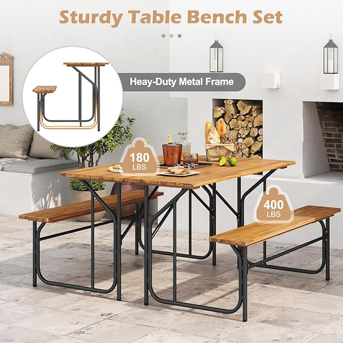 Tangkula Patio Dining Bench Set, Heavy-Duty Outdoor Acacia Wood Dining Furniture with Metal Legs for Balcony, Backyard, Poolside, Garden (1,32” x 27.5” x 29.5”)