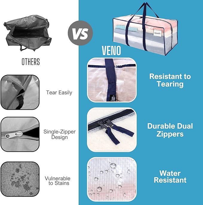 VENO 4 Pack Moving Bags, Christmas Storage Containers, Storage Bins with Lids, Reinforced Wraparound Handles, Packing Bags for Clothes, Bedding, Comforters (Clear, 4 Pack)