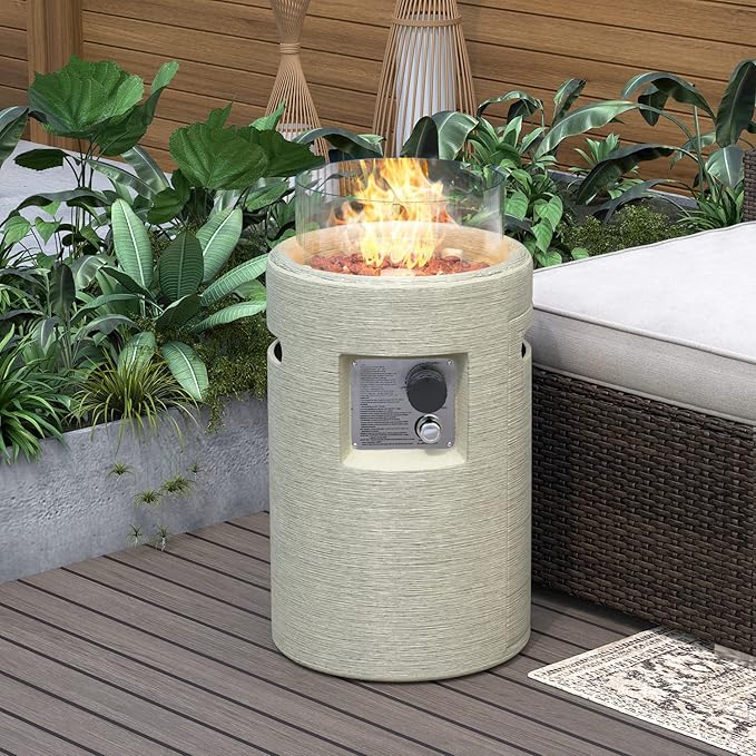 SUNBURY Outdoor Propane Fire Pit, Stone Like Fire Pit Table with Glass Wind Guard, Waterproof Cover, 40000BTUS Small Column Firepit Garden Lighting (Creamy White)