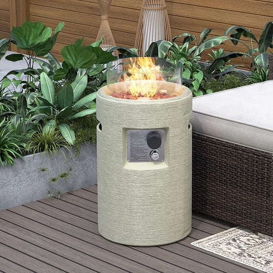 SUNBURY Outdoor Propane Fire Pit, Stone Like Fire Pit Table with Glass Wind Guard, Waterproof Cover, 40000BTUS Small Column Firepit Garden Lighting (Creamy White)