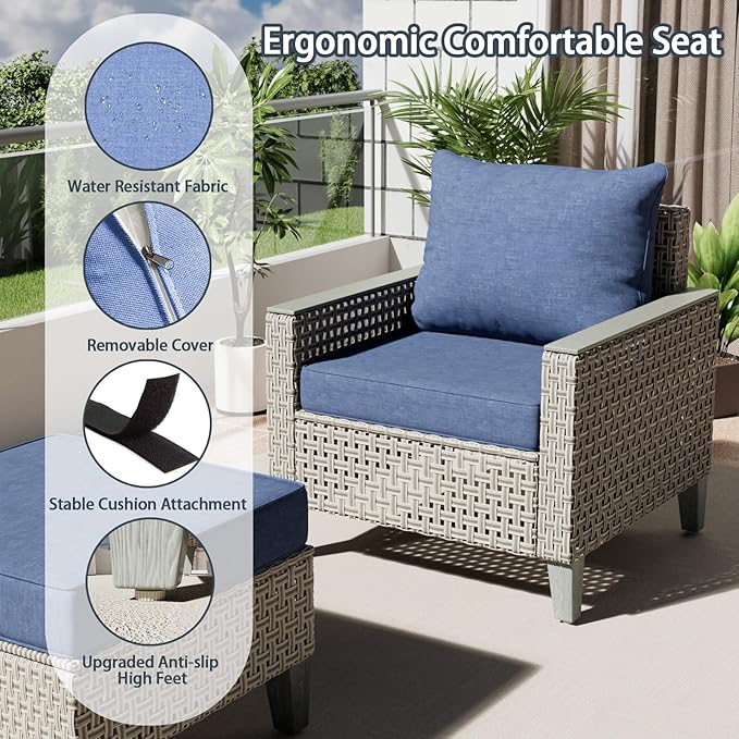 Outdoor Patio Furniture Set 14-Piece Modular Wicker Sectional Sofa with Ottomans and Thick Cushions, Modern Rattan Outdoor Conversation Couch for Garden Backyard, Navy