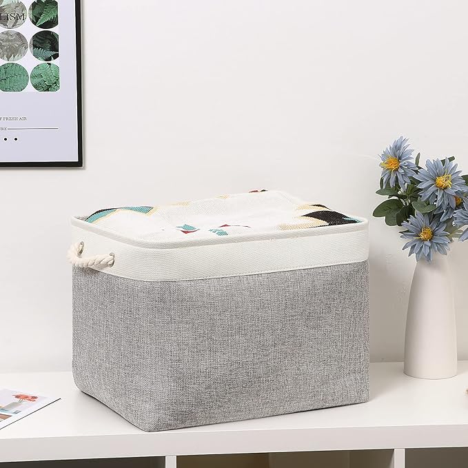 Bidtakay Storage Baskets for Organizing Large Storage Bins for Shelves 2 Pack 16x12 in Fabric Baskets for Blanket Nursery Toy Storage Collapsible Organizer Bins Closet Organizers Storage-Grey&White