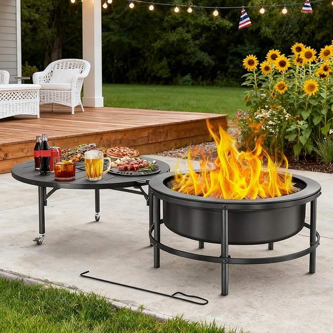 52 Inch Fire Pits for Outside Wood Burning with Rotating Table, Multifunctional Fire Pit with Grill Grate, Poker & Waterproof Cover, Portable Outdoor Bonfire Pit for Camping, Patio, Backyard